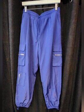 Forever 21 Double‑Lined Cargo Pants Women’s L Blue Nylon Utility Joggers Zip Poc